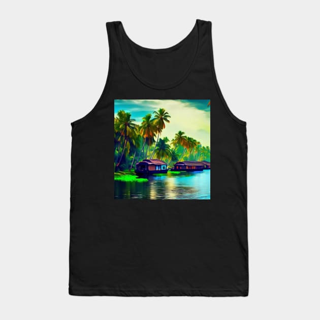 Elegant Kerala natural landscape of coconut trees sunset sky river and houseboat Tank Top by Mandalasia